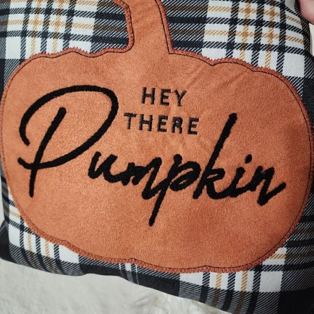 Hey, There Pumpkin Thanksgiving Halloween Buffalo Plaid Throw Pillow 12